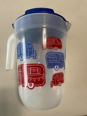 Mainstays Plastic 1 Gallon Pitcher with Blue Color Lid, Camper RV Printing